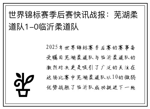 世界锦标赛季后赛快讯战报：芜湖柔道队1-0临沂柔道队